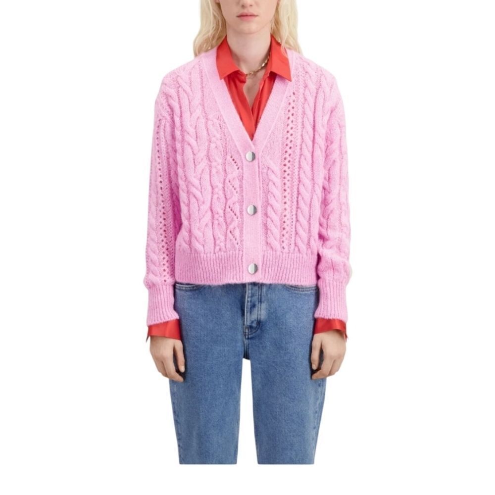 The Kooples‎ Cable Knit V Neck Knitted Cardigan In Pink